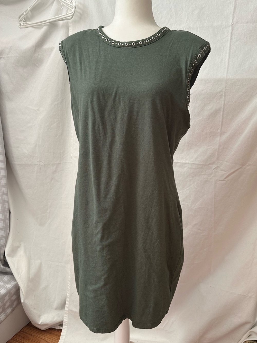 Bar III Dark Olive Sleeveless Shift Dress with Eyelet Trim